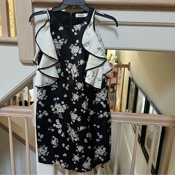AMUR Jennifer Cold Shoulder Mini Dress in Black White Cherry Blossom Print 2 - Picture 3 of 15